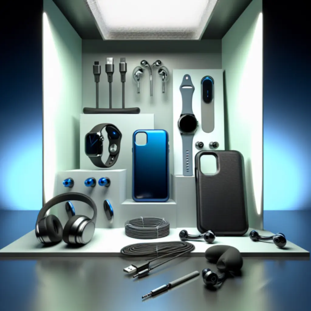 Modern technológiai kiegészítők: tokok, töltők, audio eszközök és okosotthon tartozékok futurisztikus környezetben