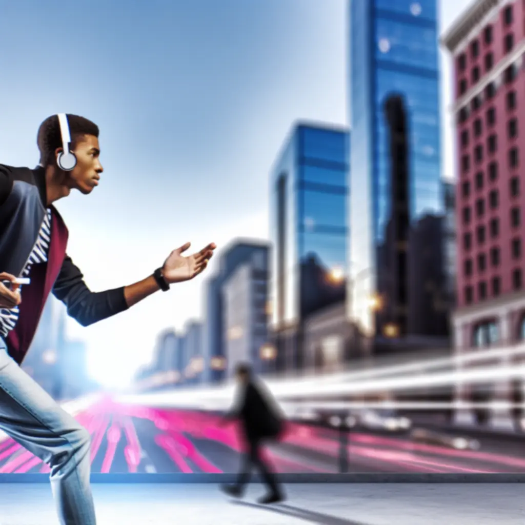 Felhasználó fejhallgatóval és fülhallgatóval zenehallgatás közben modern, városi környezetben.