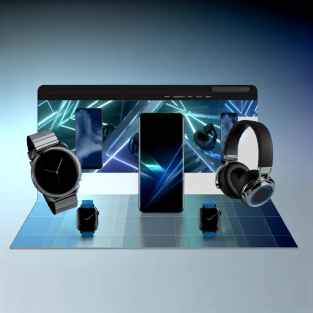 Modern, letisztult elektronikai webáruház felület okostelefonokkal és okoseszközökkel