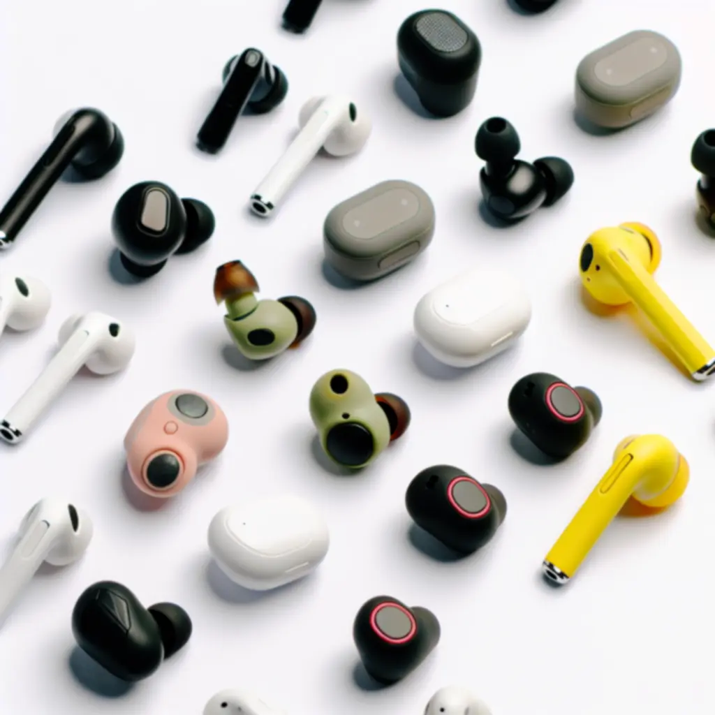 Modern in-ear fülhallgatók sorban elhelyezve, különböző színekben és kivitelben.