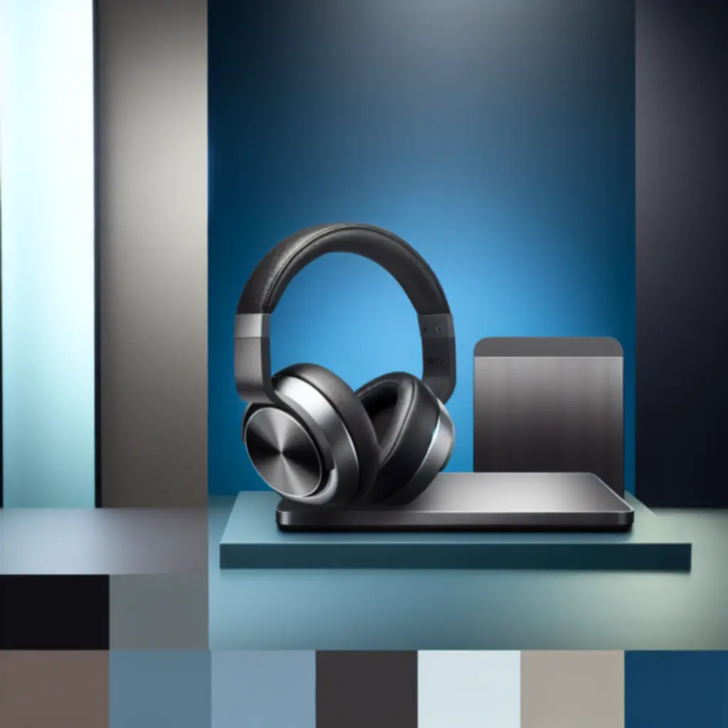 Prémium, fülre simuló fejhallgatók modern, tech hangulatú környezetben.