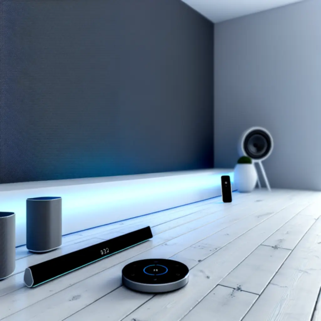 Modern nappali okos hangrendszerrel, soundbarral és vezeték nélküli hangszórókkal.